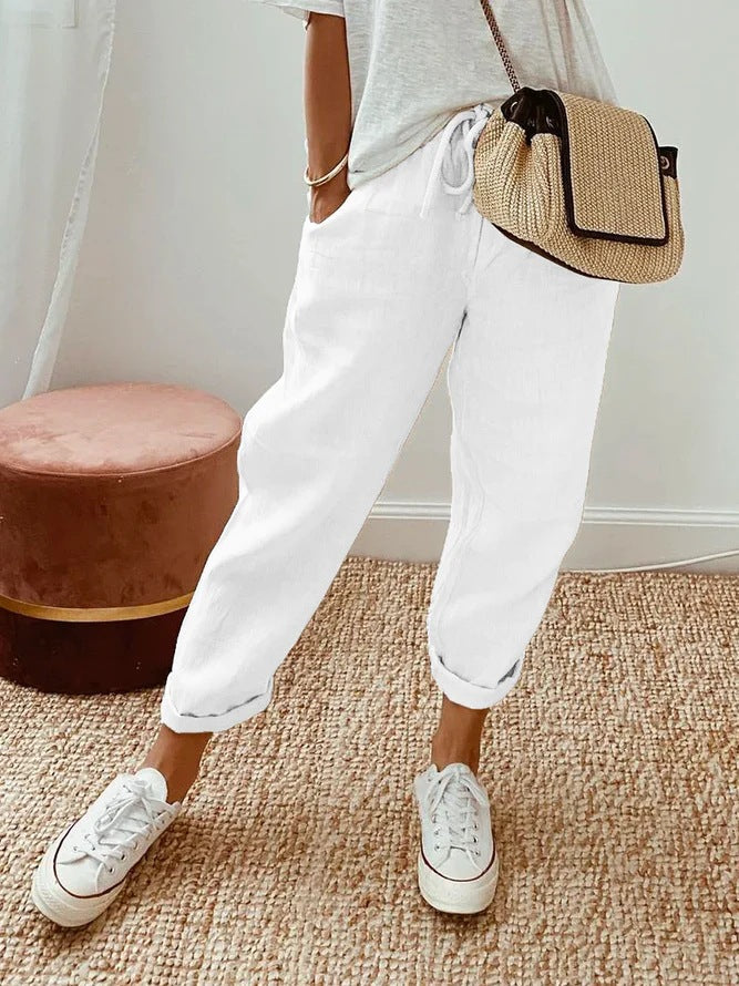 Casual cotton blend drawstring pants in solid color with insert pockets and ankle-length relaxed fit
