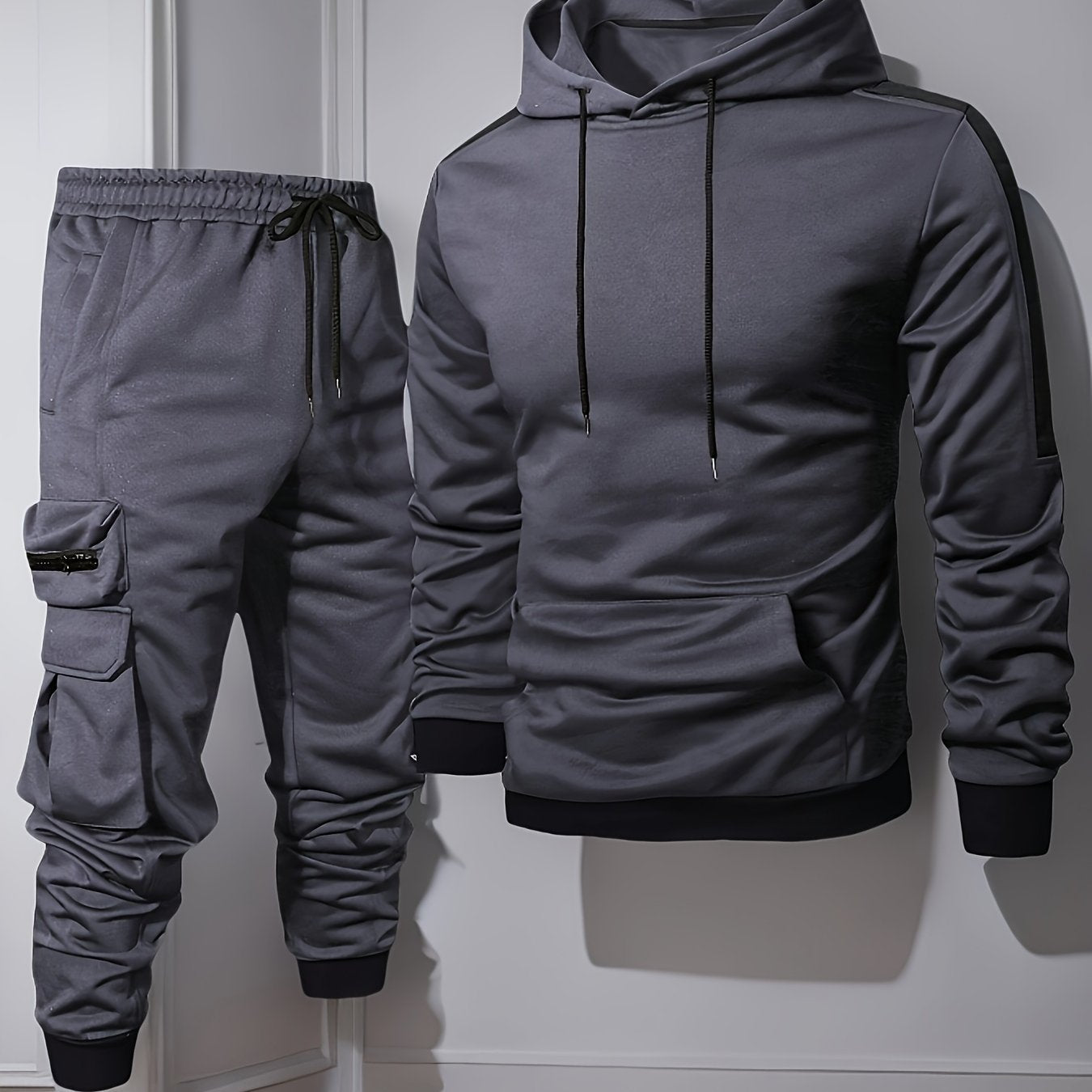 Men's gray zip-up hoodie tracksuit set with matching jogging pants for active athletic performance