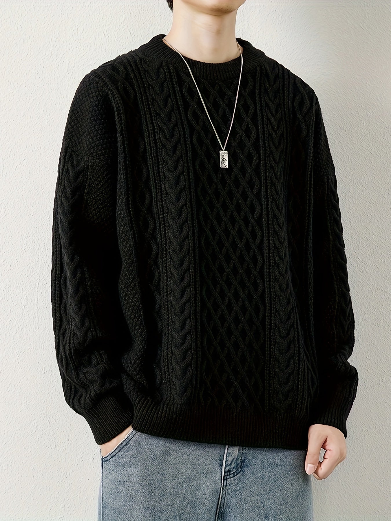 Men's cream cable knit jumper with high-density texture and reinforced stitching for everyday warmth