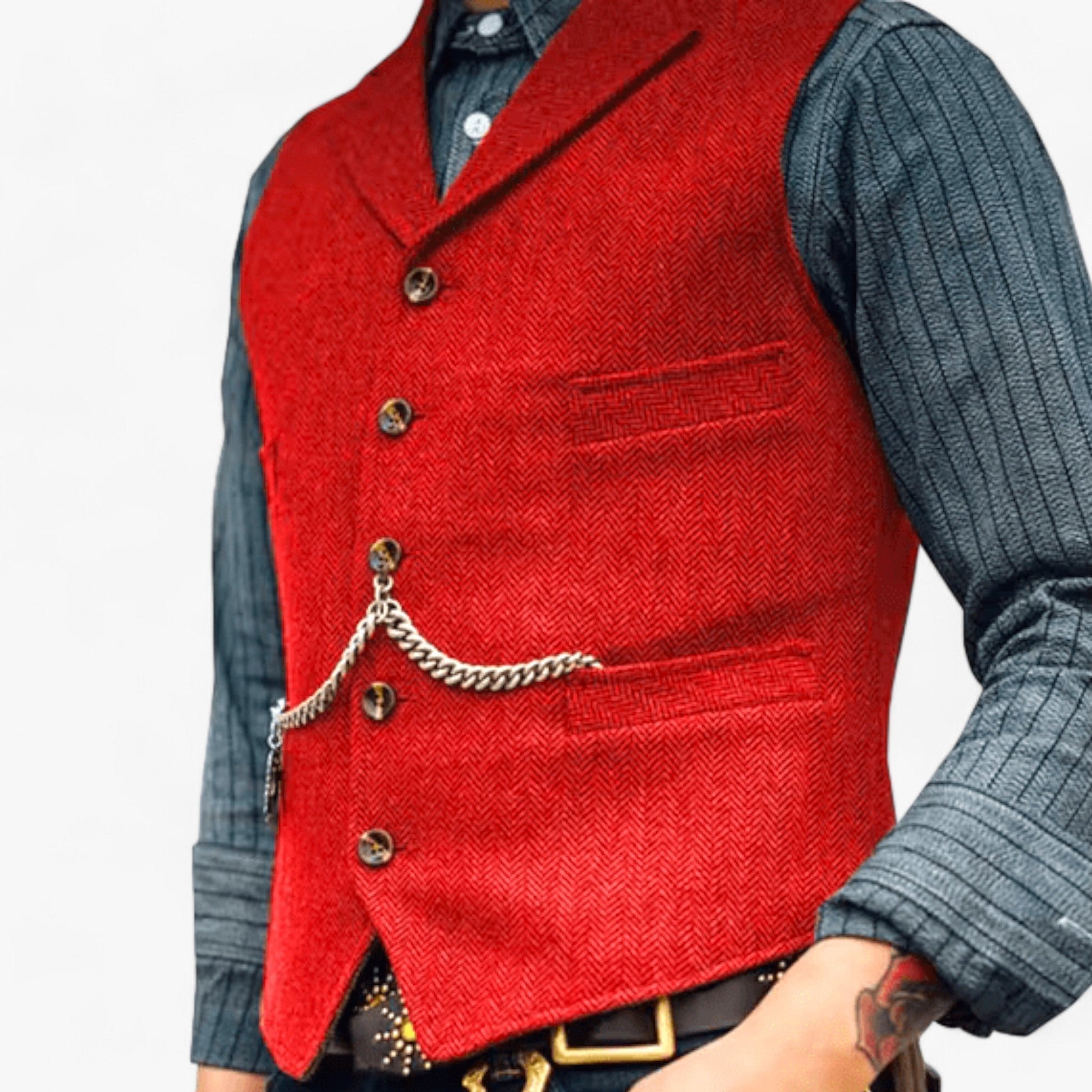 Men's tailored suit vest in classic tone with fitted silhouette and vintage decorative chain detail