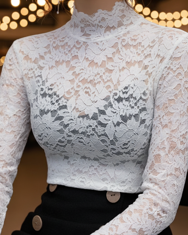 Women's ivory lace high-neck blouse elegant lightweight spring top with delicate texture