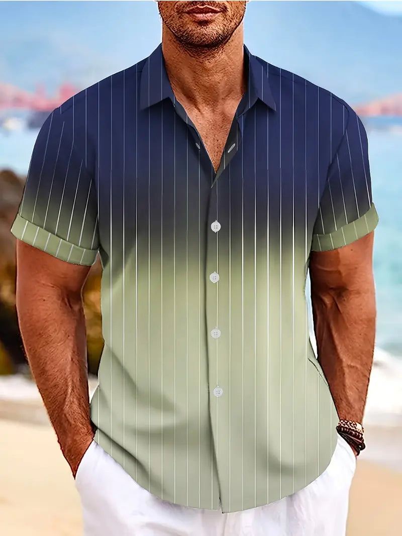 Men's short sleeve button-down shirt gradient stripe pattern casual semi-formal spring summer