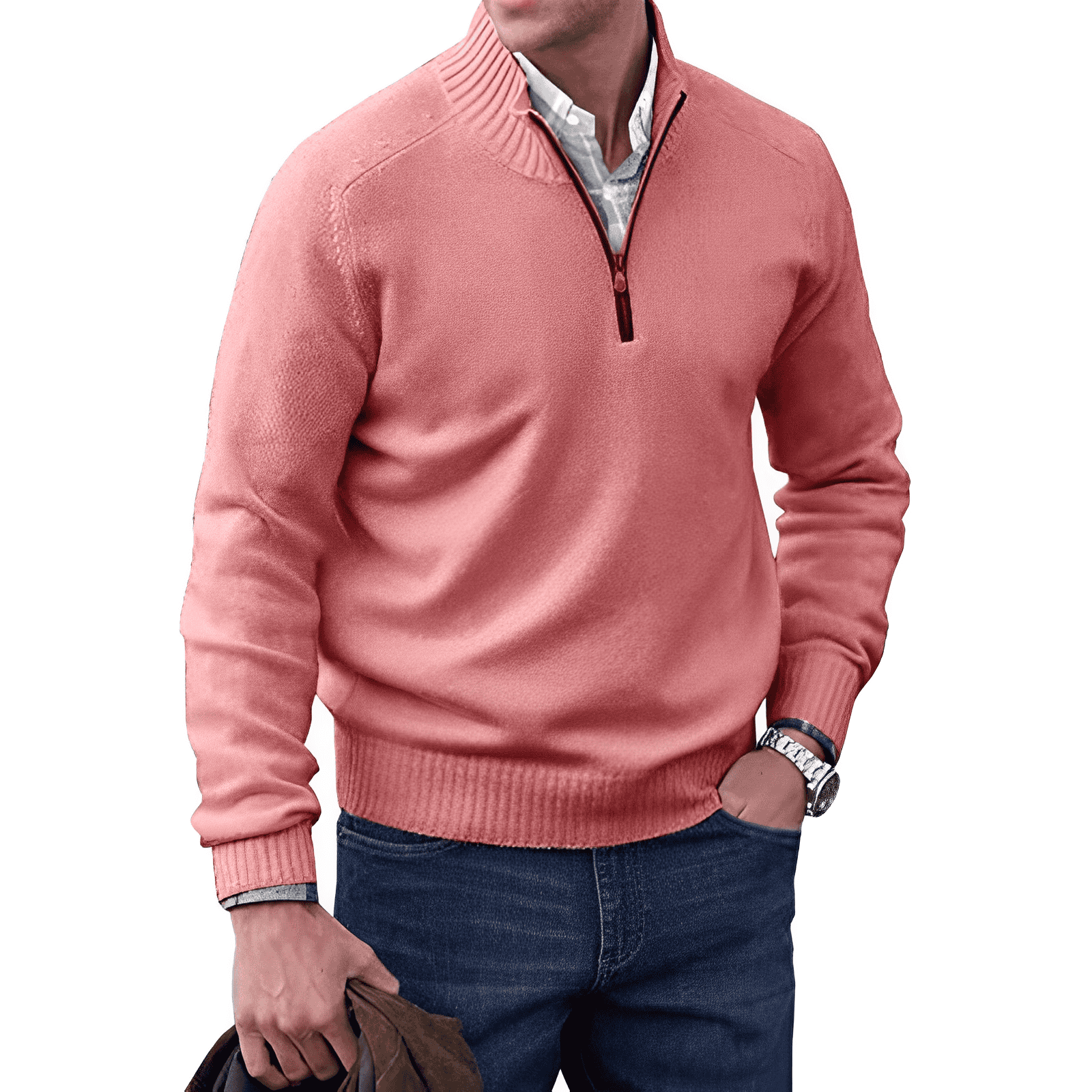 Men's half-zip knit sweater long sleeves classic ribbed collar cuffs hem layering essential