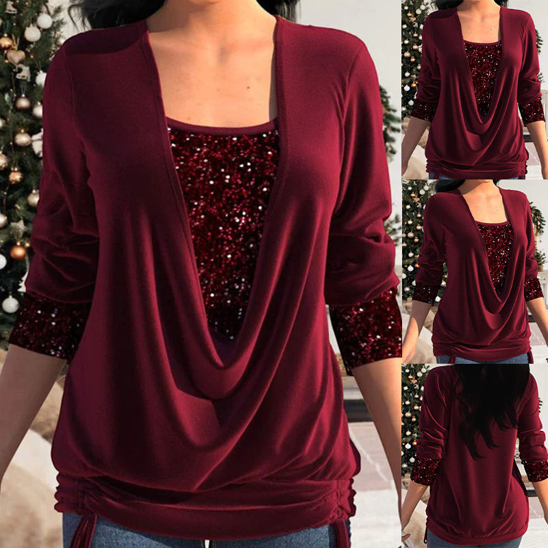 Women's loose-fit sequined blouse long sleeve sparkle tummy-hiding silhouette casual formal top