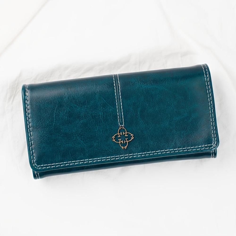 Men's black vegan leather bifold wallet with contrast stitching and decorative metal emblem