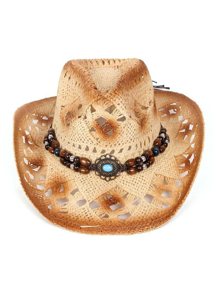 Women's hand crocheted straw sun hat hollow geometric western vintage design for daily wear