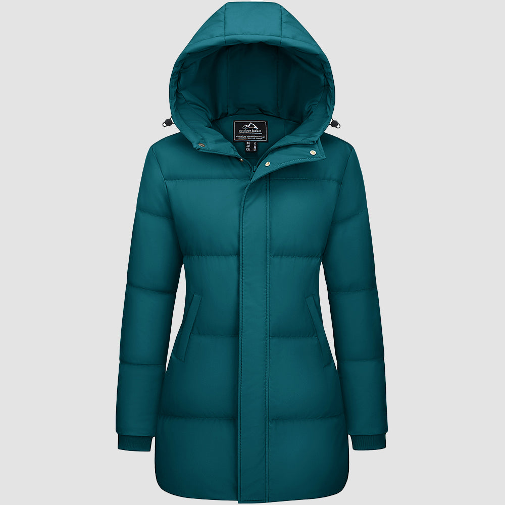 Women's long black hooded down parka waterproof puffer coat 85% duck down extreme cold insulation
