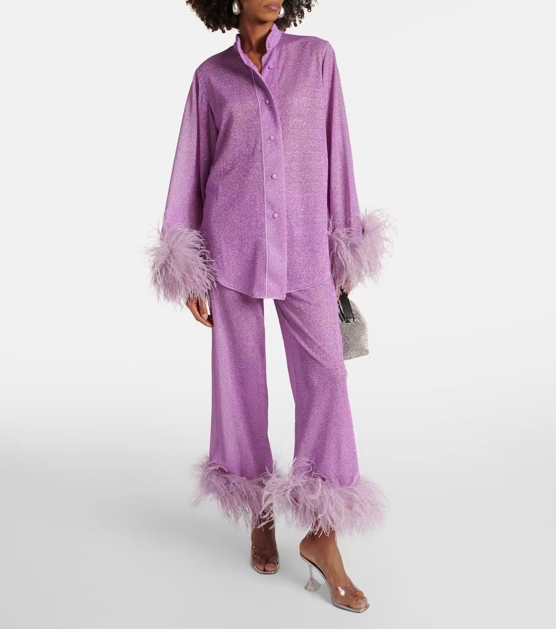 Women's loose cut feather-trim matching set elegant casual evening fashion with sleeve ankle accents