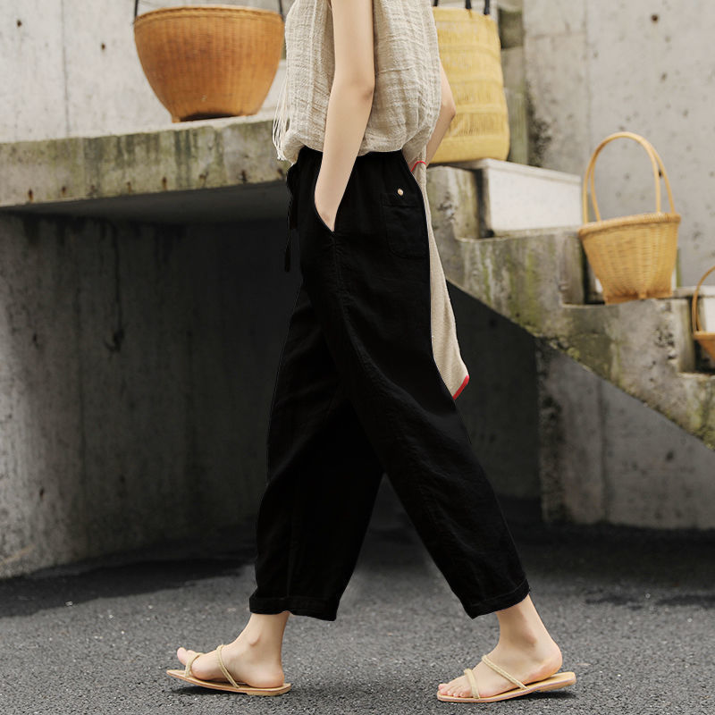 Women's beige cotton linen loose casual pants with lace-up waist and deep side pockets