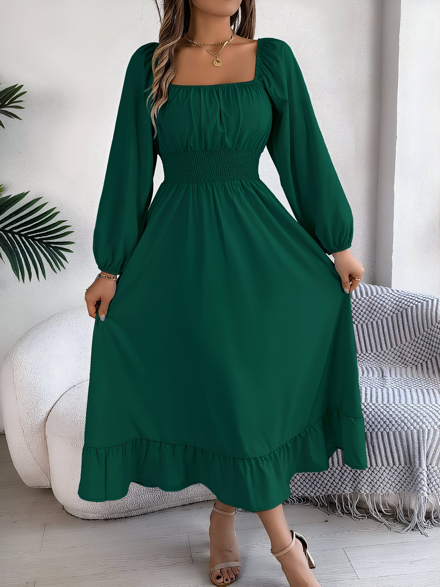 Elegant high-waisted bridesmaid dress with ruffled details, flattering feminine silhouette for spring summer