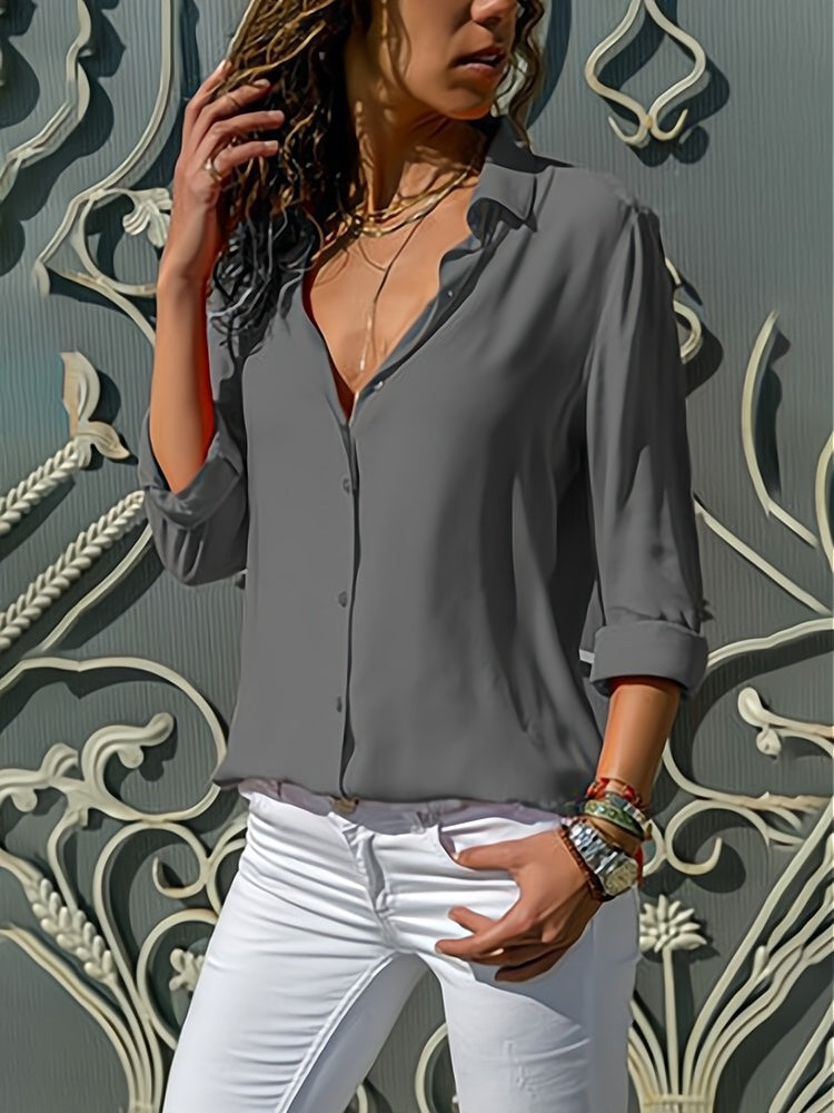 Women's loose fit long sleeve blouse soft breathable polyester fabric front button elegant relaxed silhouette