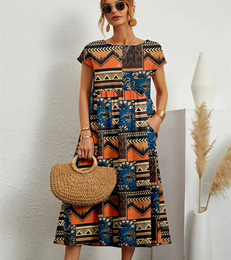 Women's floral print A-line cotton dress, round neckline, short sleeves, long skirt flattering fit
