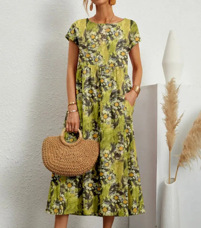Women's floral print A-line cotton dress, round neckline, short sleeves, long skirt flattering fit
