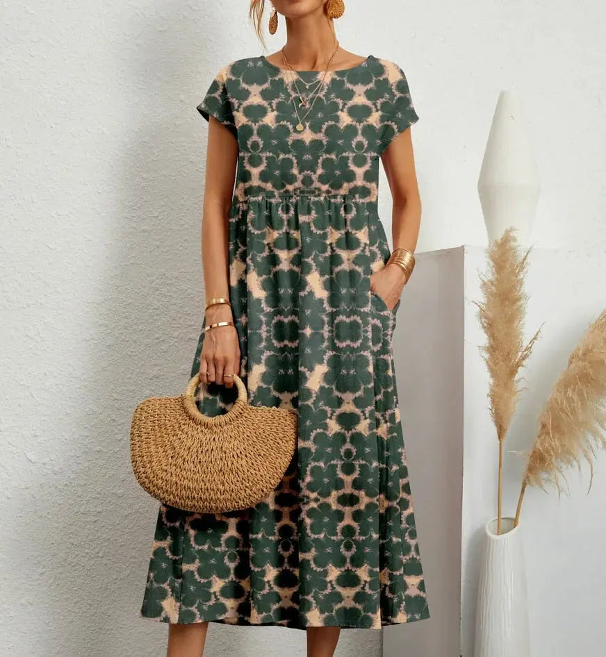 Women's floral print A-line cotton dress, round neckline, short sleeves, long skirt flattering fit