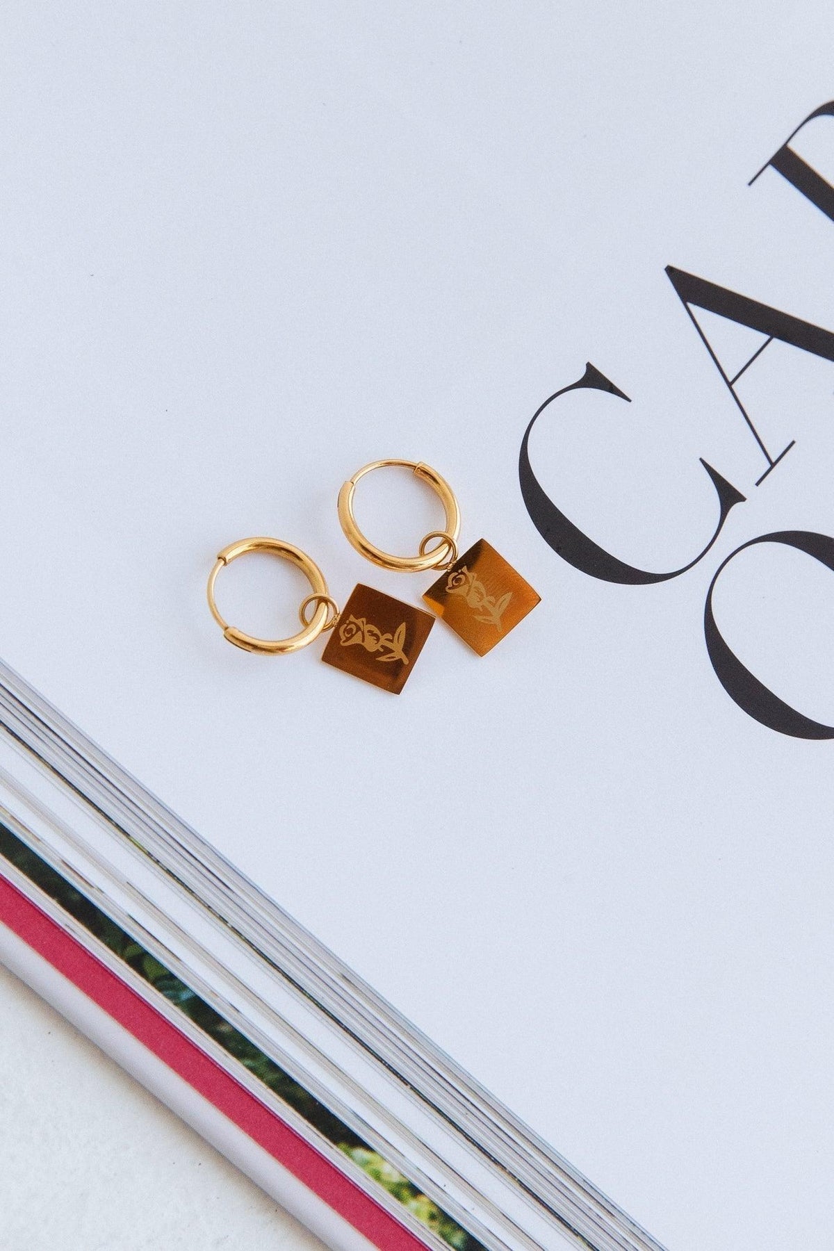 18K gold plated crimson heart earrings stainless steel rectangular pendant rose motif everyday women gift