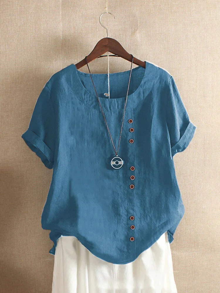 Women's white linen blouse asymmetric button closure short sleeves relaxed summer silhouette