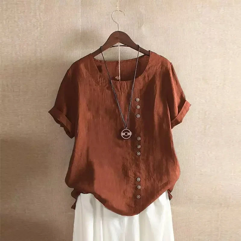 Women's white linen blouse asymmetric button closure short sleeves relaxed summer fit