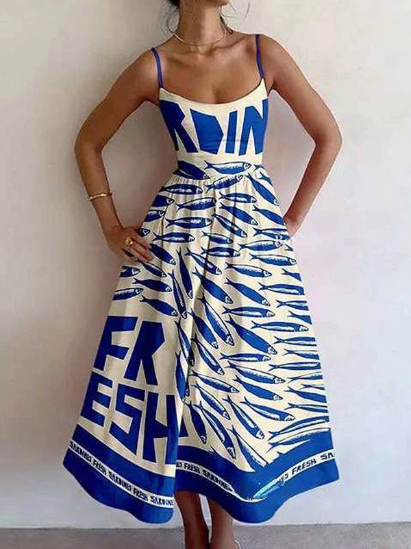 Vintage sardine print suspender dress for women, casual retro polyester midi with adjustable straps