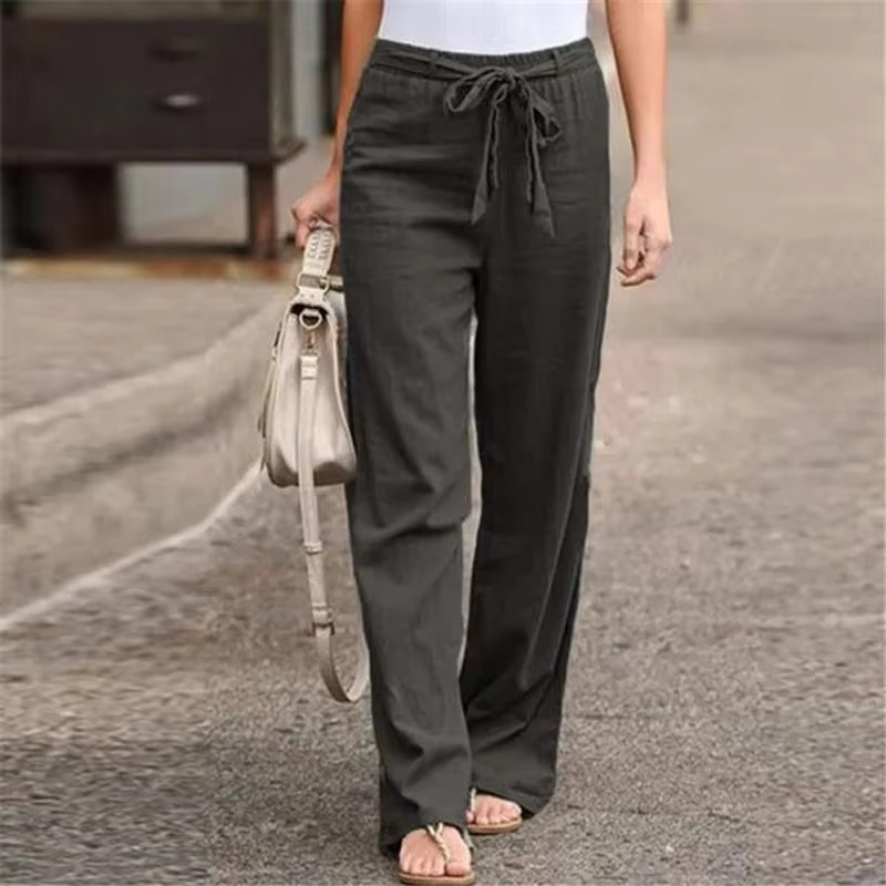 Women's cotton linen wide leg pants with elastic drawstring waist, breathable relaxed fit casual style