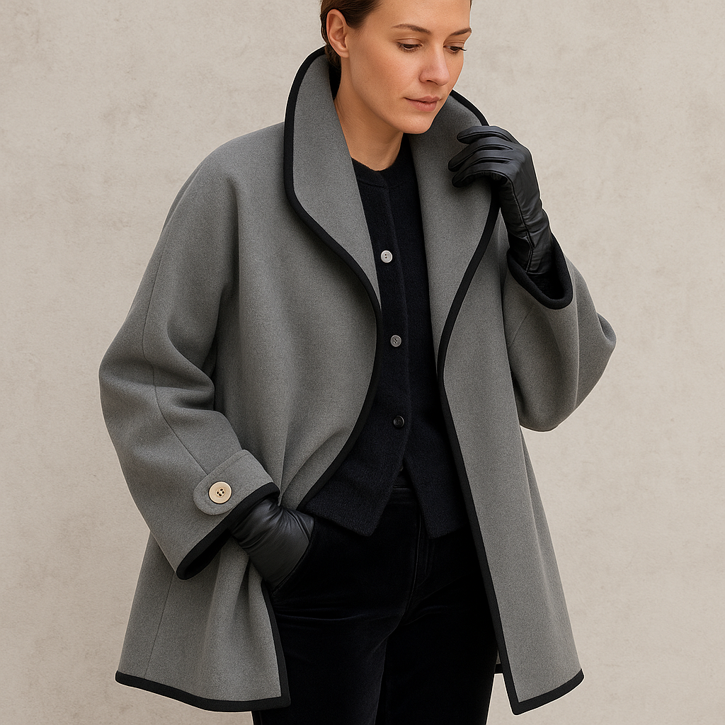 Women's oversize open-front trench coat with contrast trim, casual chic winter layering style