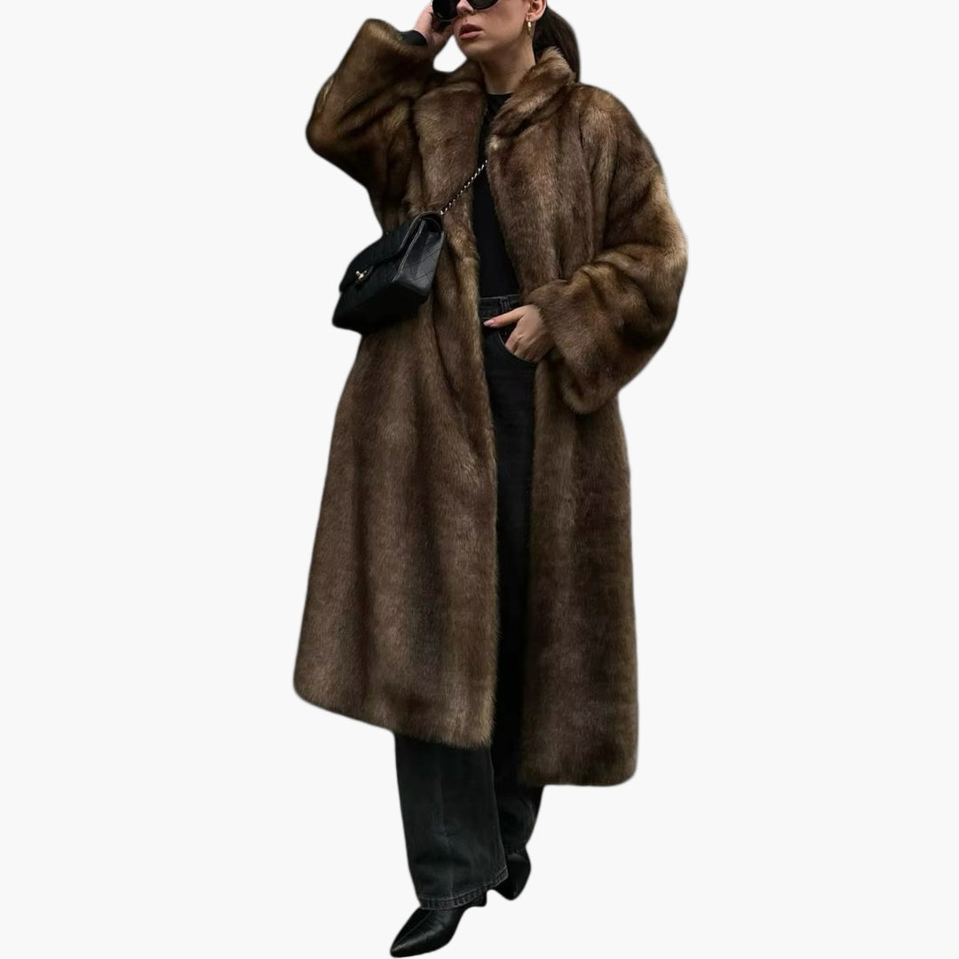 Women's oversize long faux fur coat with notched collar, warm winter fashion statement piece