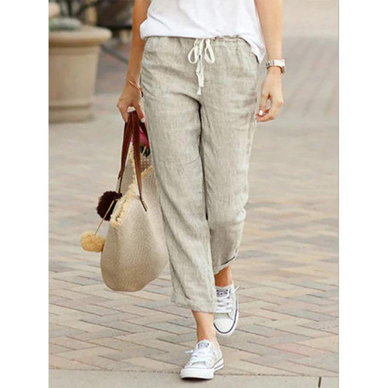 Women's light beige linen-cotton casual pants, 7/8 relaxed fit with elastic drawstring waist