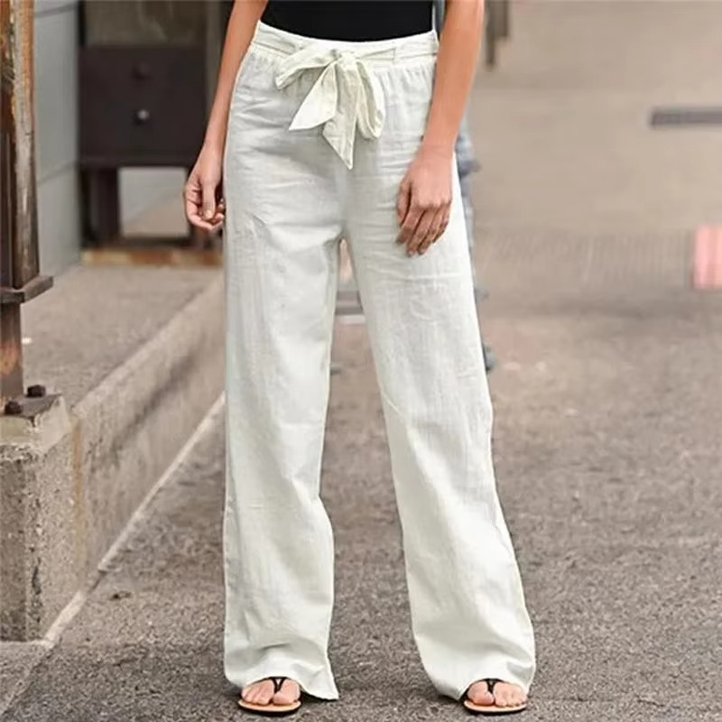 Women's cotton linen wide-leg pants elastic waist drawstring relaxed fit breathable casual trousers