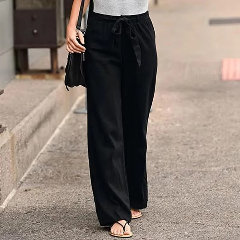 Women's cotton linen wide leg pants with elastic drawstring waist, breathable relaxed fit