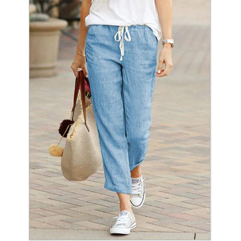 Women's light beige linen-cotton 7/8 cropped casual pants with elastic drawstring waist relaxed fit