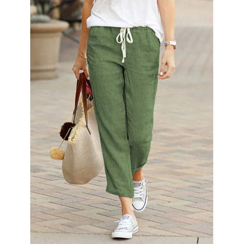 Women's linen cotton 7/8 casual pants relaxed fit drawstring elastic waist lightweight breathable