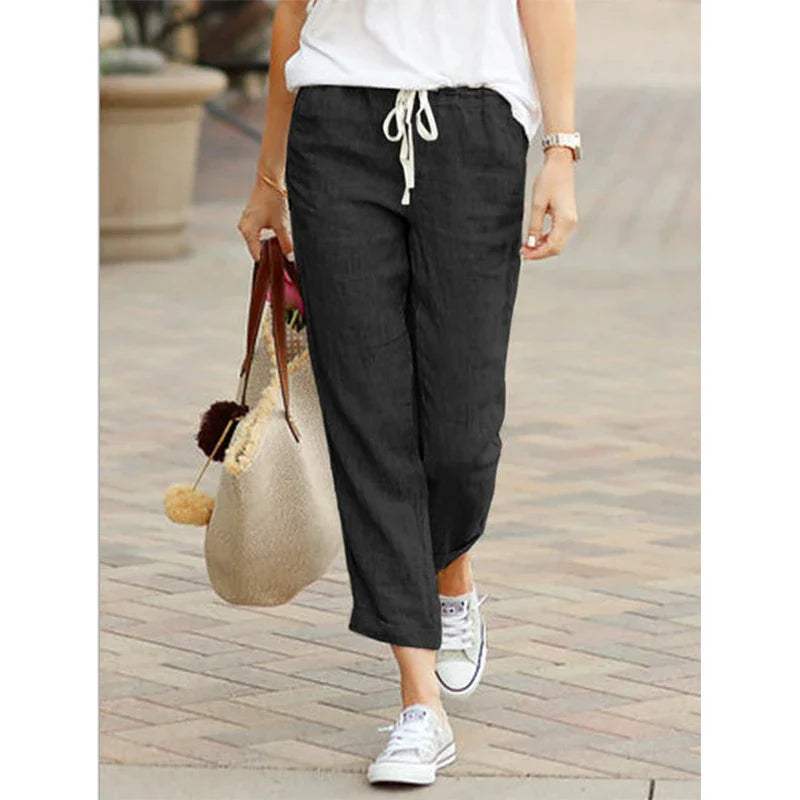Women's light beige linen-cotton casual pants, 7/8 relaxed fit with elastic drawstring waist