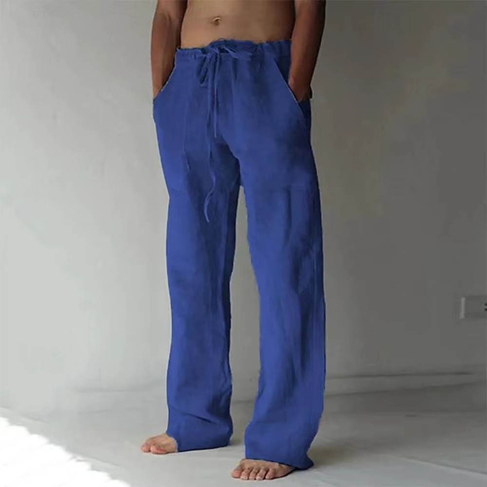 Men's light gray drawstring summer pants lightweight breathable cotton blend casual trousers