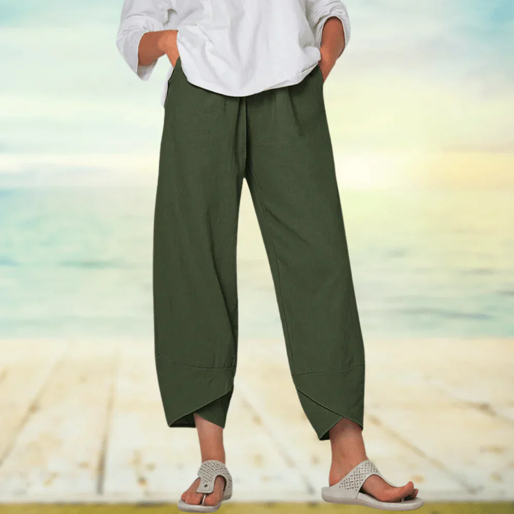 Women's beige linen wide-leg pants relaxed fit with asymmetrical hem and elastic waistband