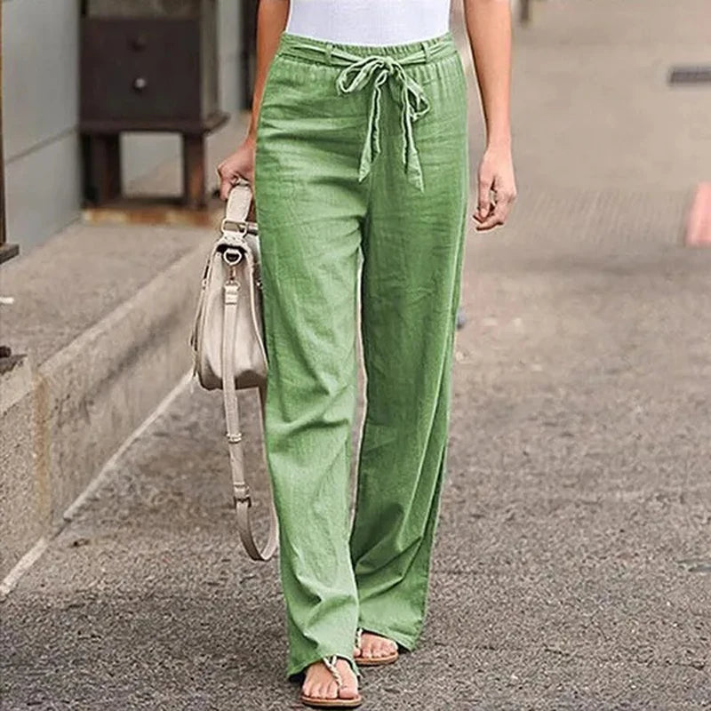 Beige stretch linen blend pants unisex relaxed fit breathable lightweight everyday comfort wear