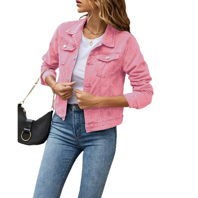 Women's cropped denim jacket slightly fitted silhouette with classic front button closure everyday style