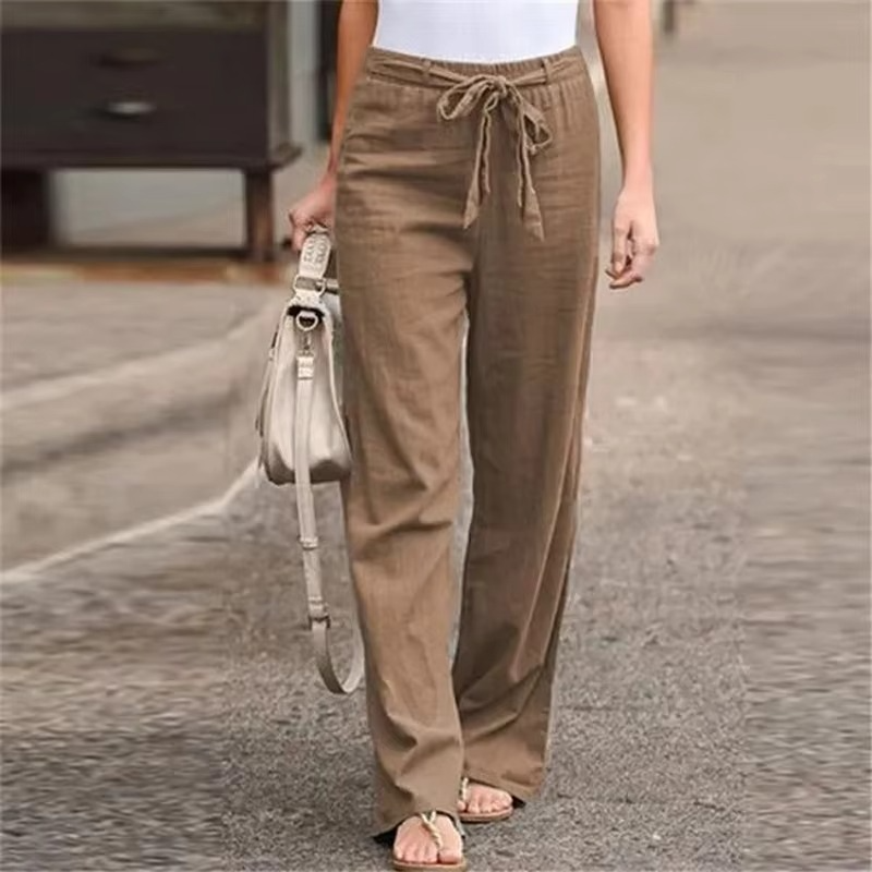 Women's cotton linen wide-leg pants elastic drawstring waist breathable relaxed fit casual trousers