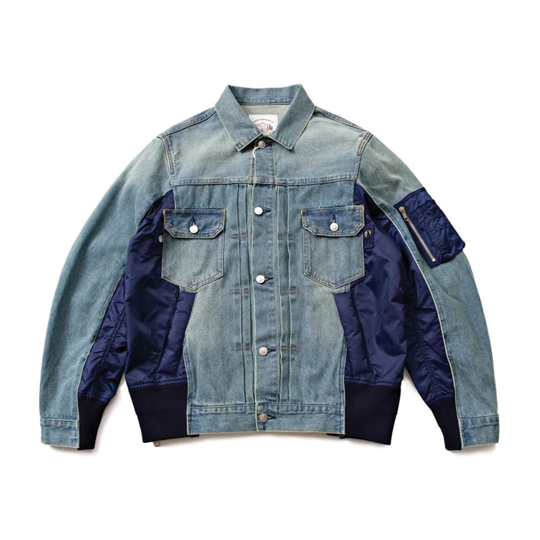 Patchwork denim nylon jacket blue streetwear men rugged contrast panels modern urban fit