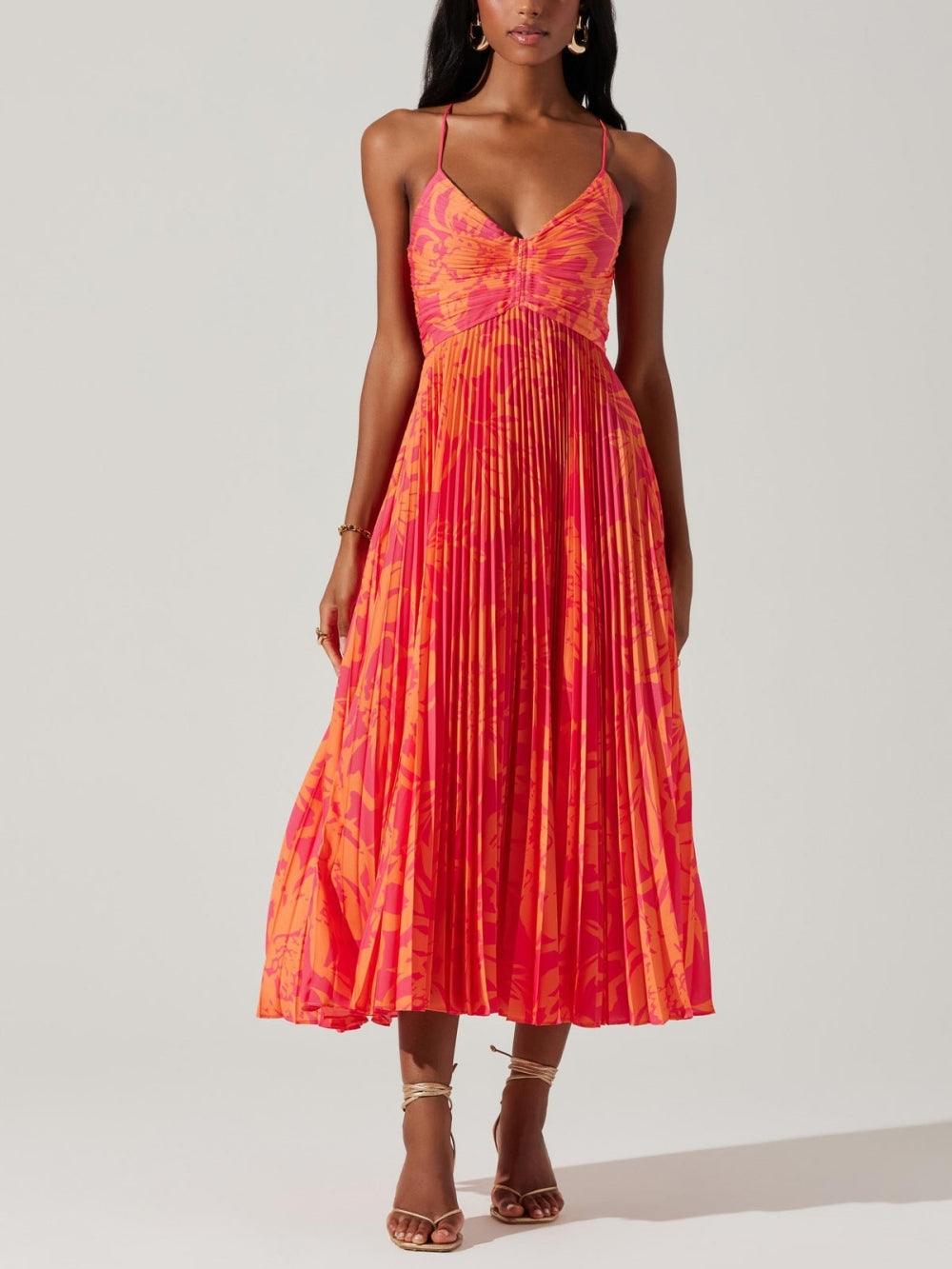 Floral print pleated midi dress sleeveless V-neck elegant breathable polyester fabric women