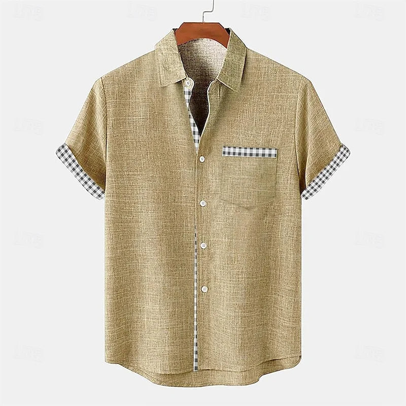 Men's lightweight linen button-up shirt, relaxed office casual fit with bold gingham trim detailing