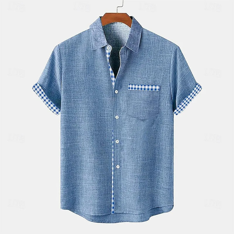 Men's lightweight linen button-up shirt in neutral tone, relaxed office casual fit with bold gingham trim