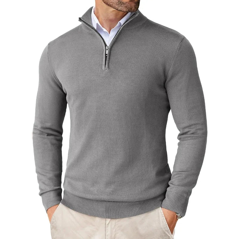 Men's regular fit soft knit sweater with zip collar and ribbed edges in urban casual style
