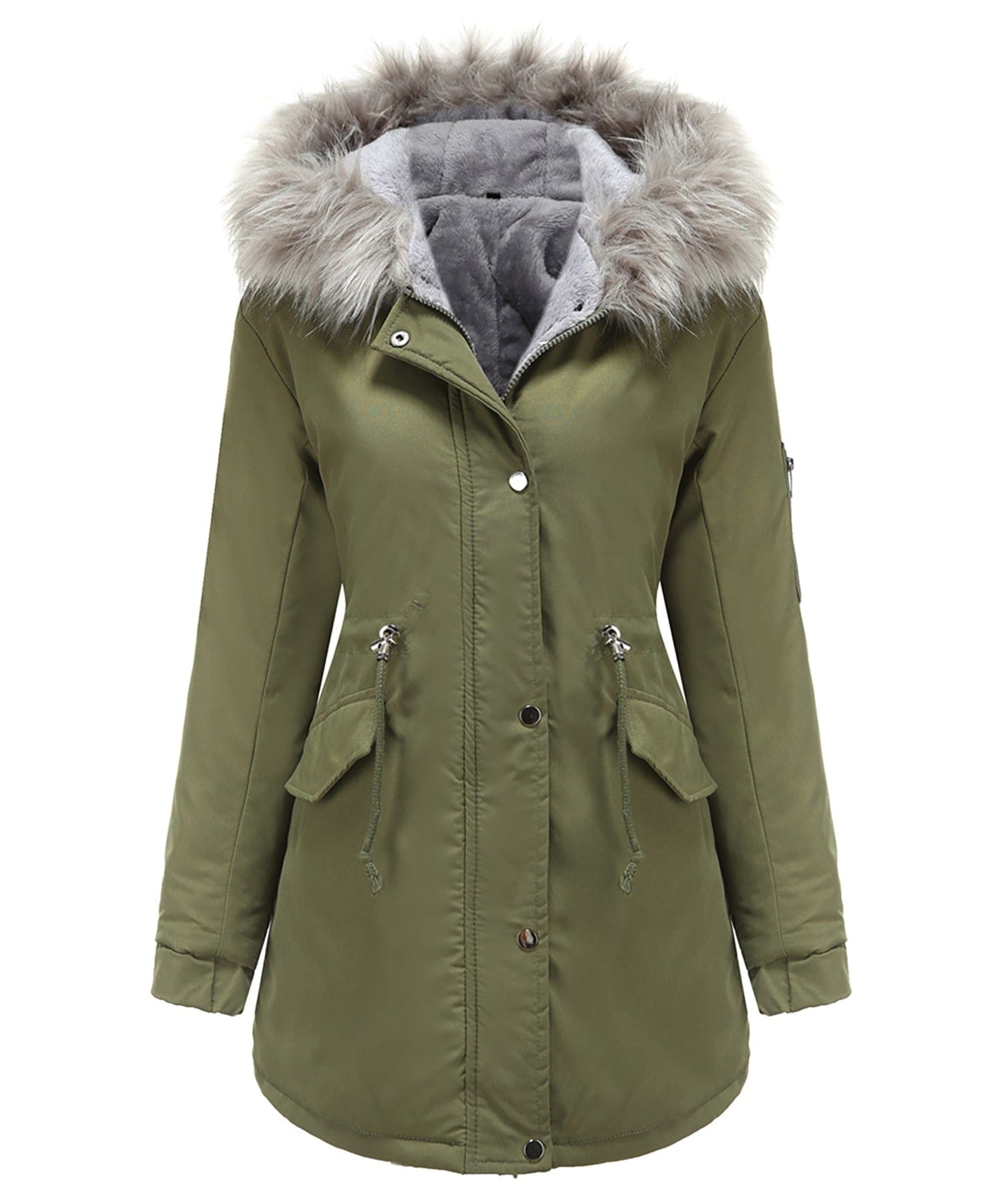 Women's black insulated winter parka coat with sherpa lining and detachable faux fur hood
