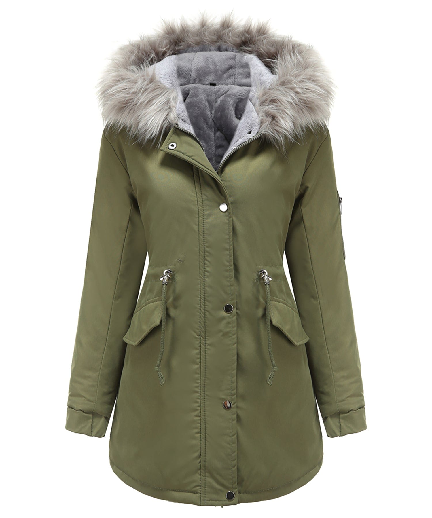 Women's black insulated winter parka coat with sherpa lining and detachable faux fur hood