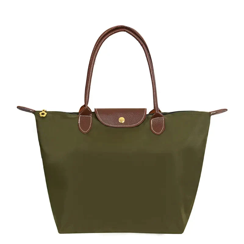 Aria foldable nylon tote bag with faux leather handles, elegant compact design for office and city use