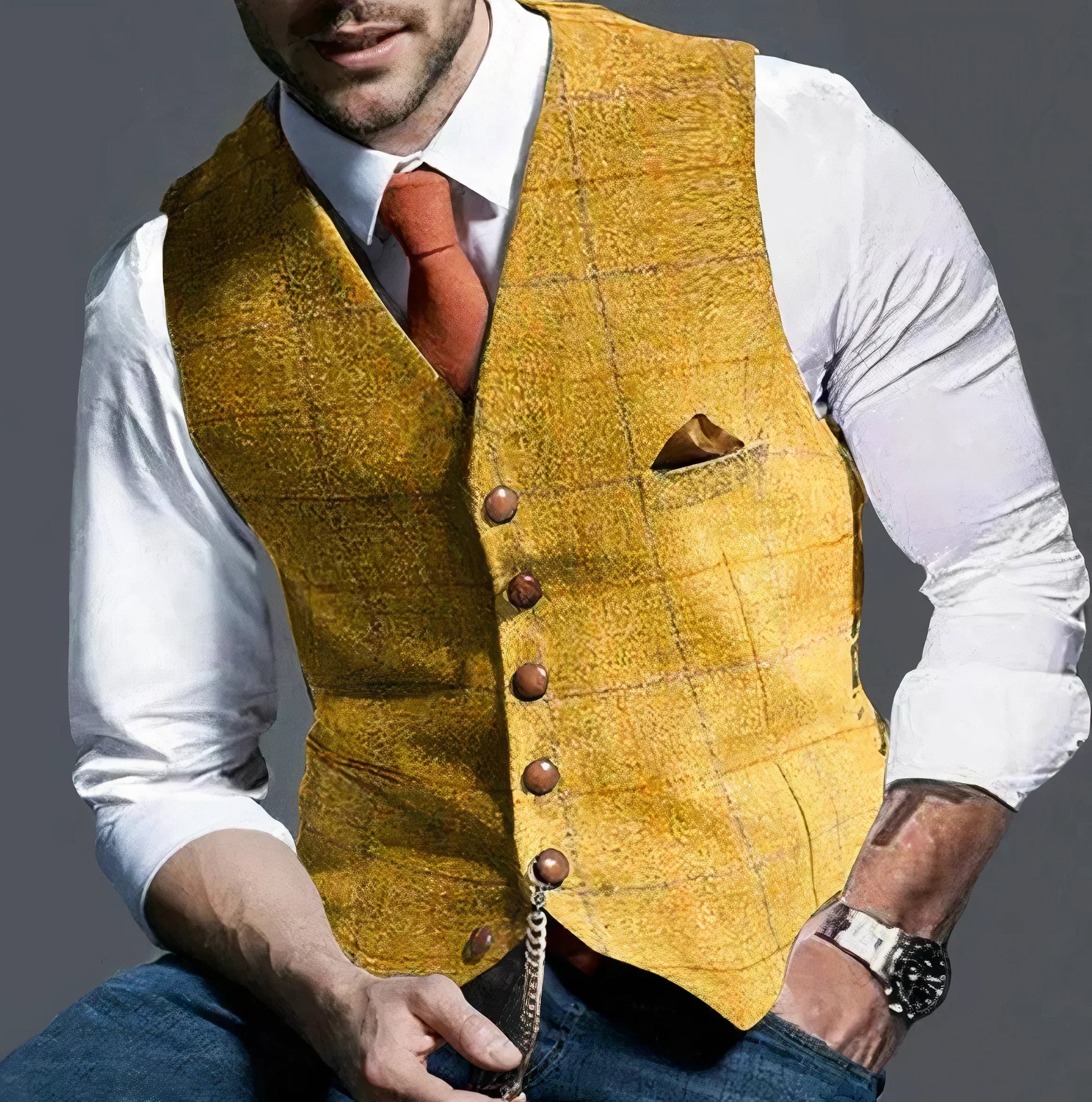 Men's slim-fit checked dress vest in neutral tones with tailored lapels for formal smart-casual wear