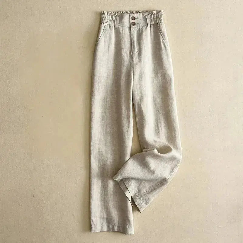 Women's beige high waist linen paperbag trousers with gathered waistband, tailored wide-leg silhouette