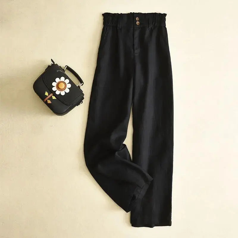 Women's natural linen paperbag trousers high waist tailored wide-leg silhouette with gathered waistband