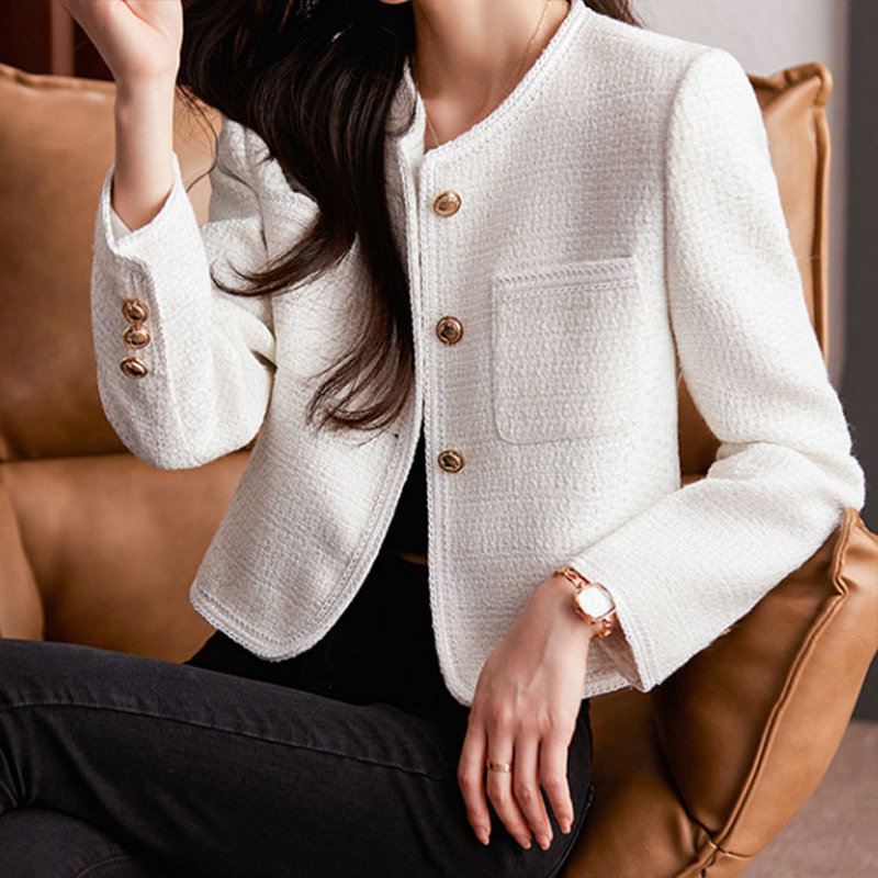Women's cropped tweed blazer structured fit round neck button front professional style