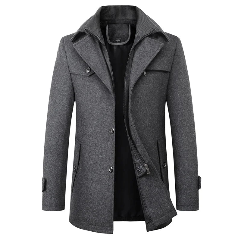 Men's navy tailored long button overcoat with streamlined silhouette for formal winter wear