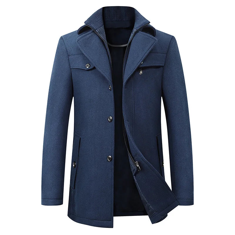 Men's navy tailored long button overcoat with elongated streamlined cut for formal winter wear